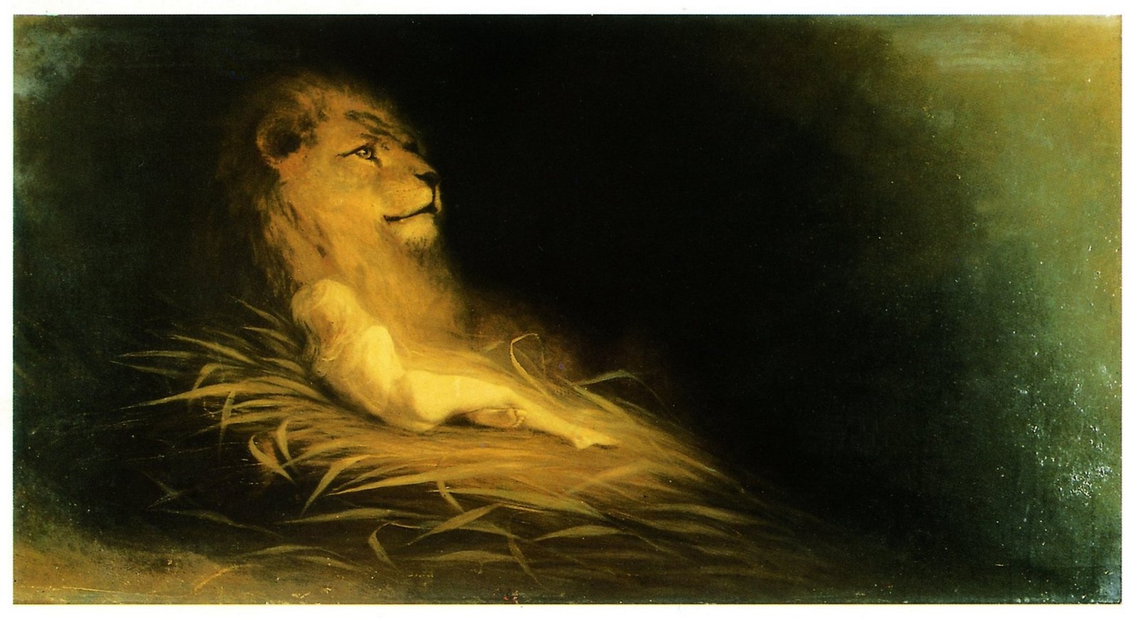 Karl Wilhelm Diefenbach: Friede (Löwe mit Kind), um 1903. Öl auf Leinwand, 60,0 x 120,0 cm. Privatbesitz